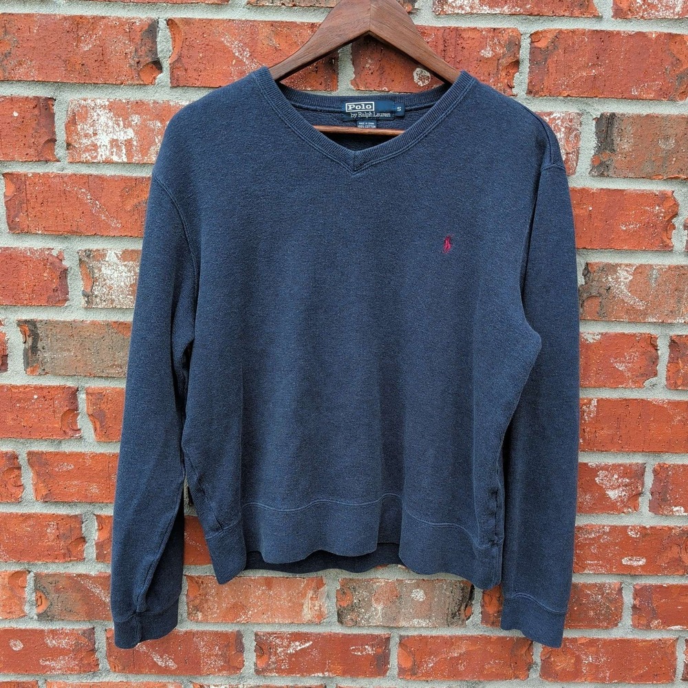 Polo Ralph Lauren Sweatshirt Mens‎ S Navy Blue V-Neck Cotton Pony Logo